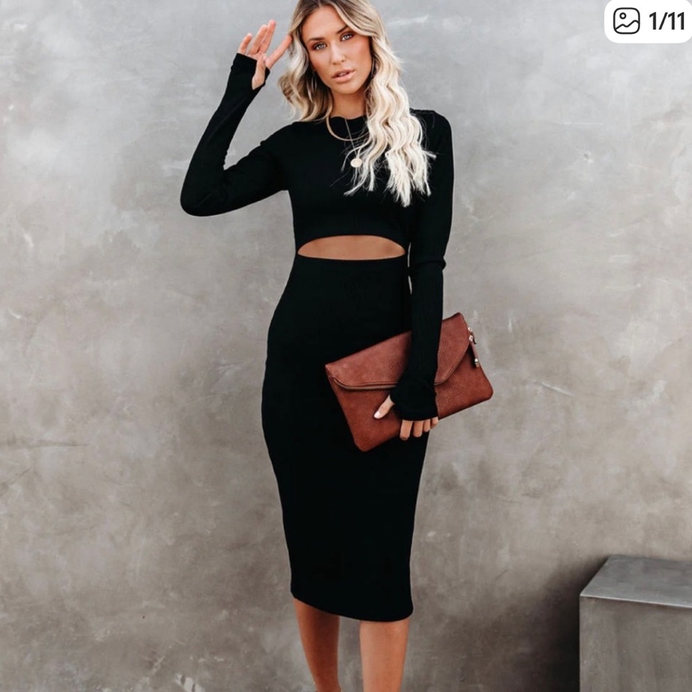 Vici Black BODY LANGUAGE RIBBED CUTOUT MIDI DRESS Small